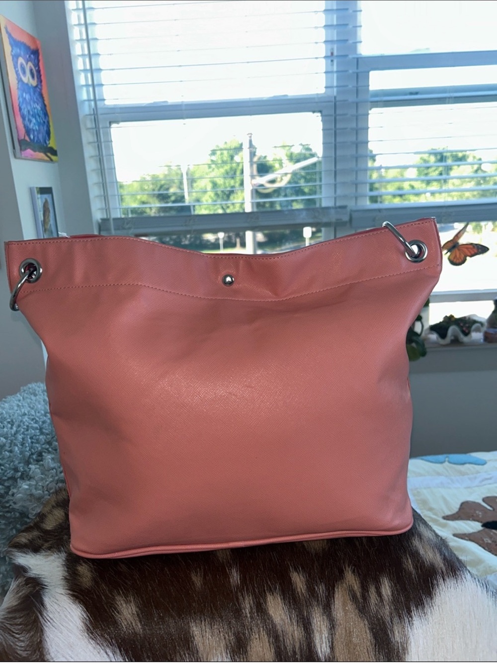 Sharif NWT Coral Pink Studded Tote with Leather Studded Strap and Chain Straps - Picture 5 of 12
